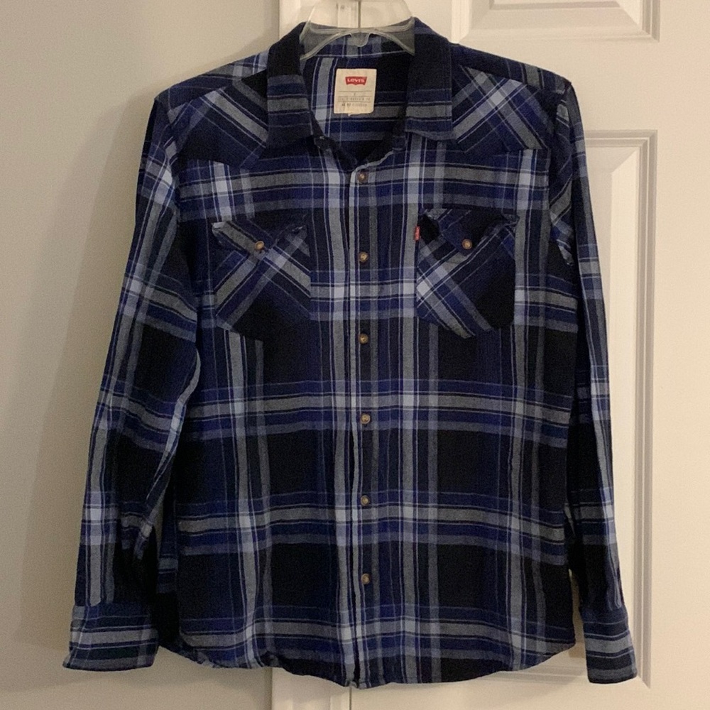 Levi’s Young man’s Button Down Blue Black White Flannel Size Large